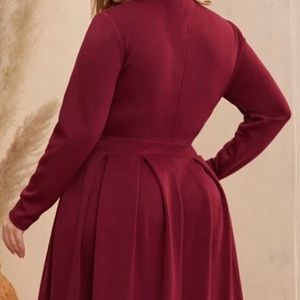 Burgundy Pleated Dress with Collar